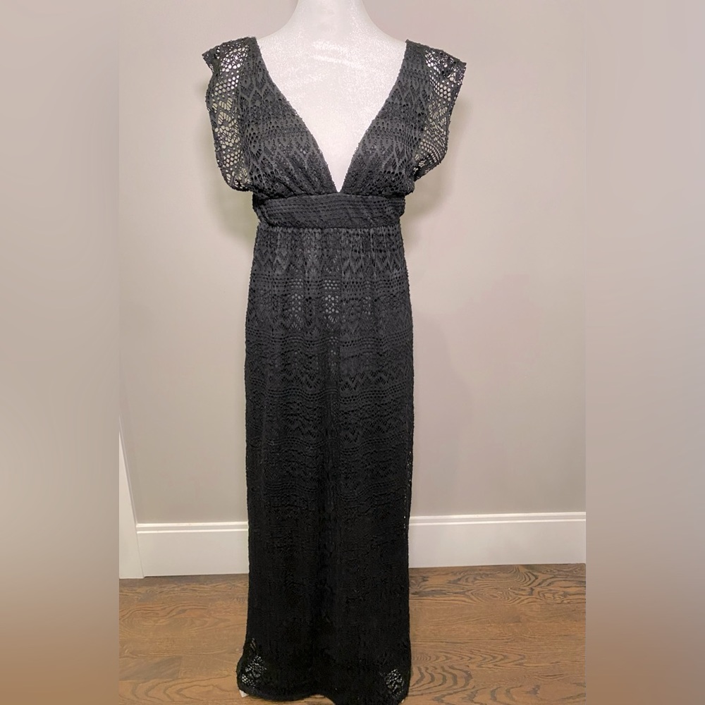 Lovestitch Long Black Lace Plunge V neck Dress, L